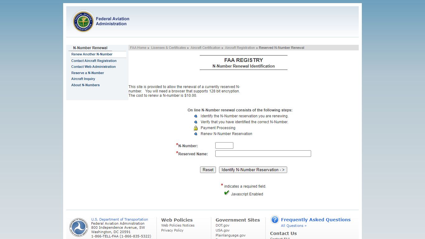 Reserved N-Number Renewal - FAA